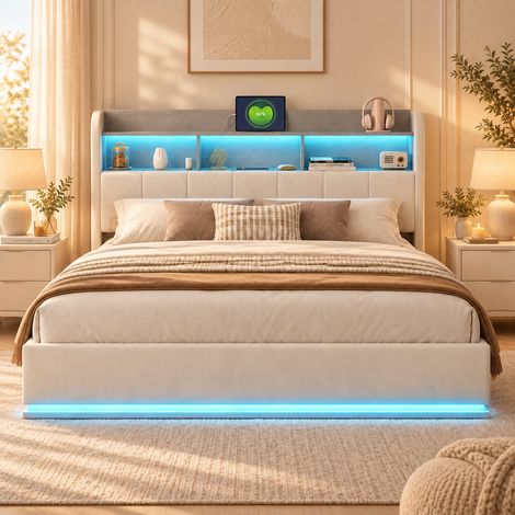 Lit coffre 160x200 cm avec sommier, lit double en velours blanc avec rangement hydraulique, tête de lit avec rangement, LED et USB, lit bas pour chambre adulte