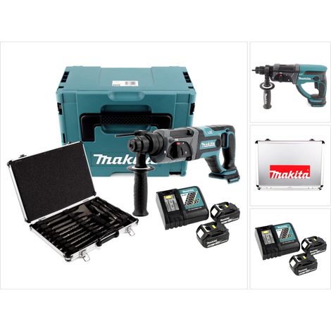 Makita DHR 241 RTJ Akku Bohrhammer 18 V Li-Ion mit SDS-Plus Aufnahme im Makpac + 2x BL 1850 B 5,0 Ah Akku + DC 18 RC Schnellladegerät + Makita D-42444 SDS-Plus Bohrer-Meißel-Set 17 tlg. im Alu Koffer