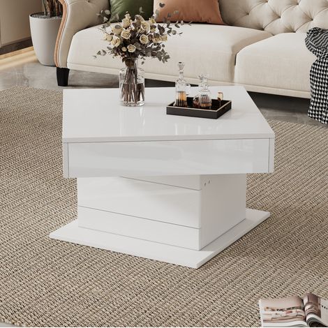 Table basse carrée blanche brillante 70x70 cm avec plateau relevable pivotant à 360°, 1 tiroir et rangement caché (1/5)