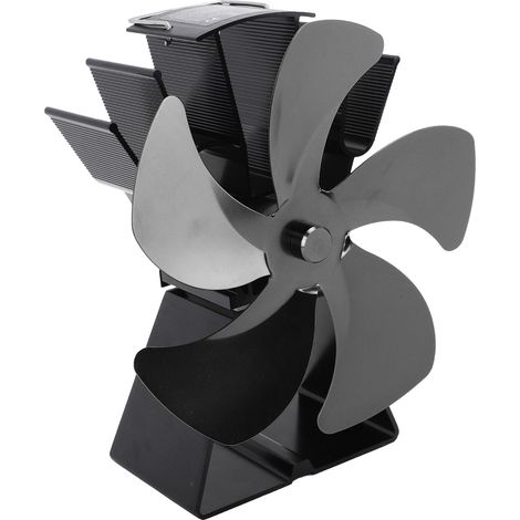 Ventilateur pour poêle à bois, 5 pales, base trapézoïdale verticale, ventilation thermique portable, noir, idéal pour la maison et le camping. (1/5)