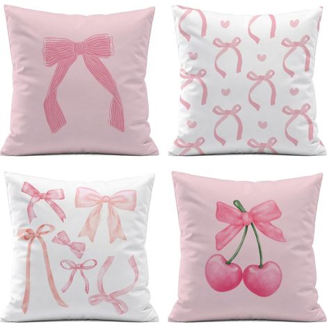 Fundas de cojín decorativas rosas con lindos lazos, juego de 4 (45 x 45 cm), ideales para adolescentes y mujeres. Fundas de almohada decorativas. (1/4)