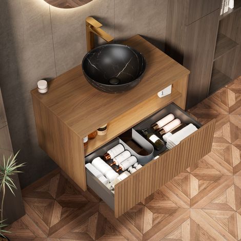 Meuble vasque flottant 80 cm pour salle de bain, avec vasque bol noire en céramique à motif pierre, meuble rayé en contreplaqué avec tiroir et étagère, lampe à capteur, préassemblé, grain de bois chên (1/5)