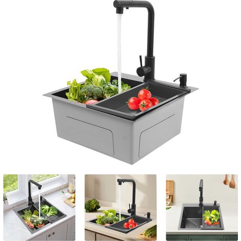 Évier de cuisine, noir, 45 x 45 cm, évier en acier inoxydable, anthracite, cuve simple, évier encastré avec robinet, évier de cuisine en acier inoxydable avec siphon et filtre (1/5)