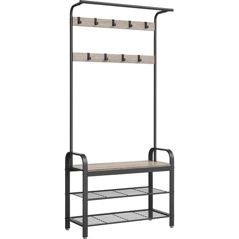 Portemanteau vestiaire meuble d’entrée avec crochets amovible banc et étagère à chaussures longueur 84 cm cadre en métal style industrielmarron rustique et noir (1/5)