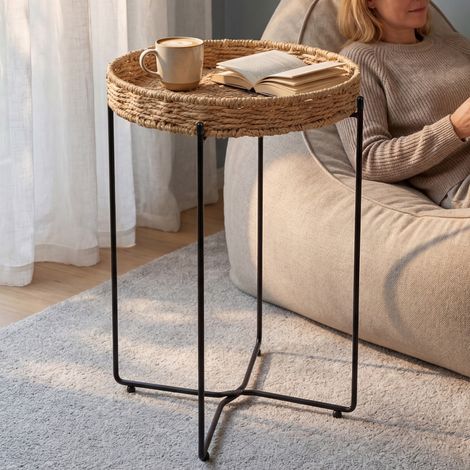 doporro Beistelltisch rund, Couchtisch klein Ø37 x H55 cm, kleiner Tisch mit 1 geflochtenen Ablagen aus natürlichem Papierseil für Wohnzimmer, Schlafzimmer und Balkon, Nachttisch Schwarz Reglo-08
