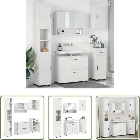 vidaXL Badezimmer Schrank - Badezimmermöbel-Set mit Regal 5 pcs Weiß Sperrholz und Metall (1/5)