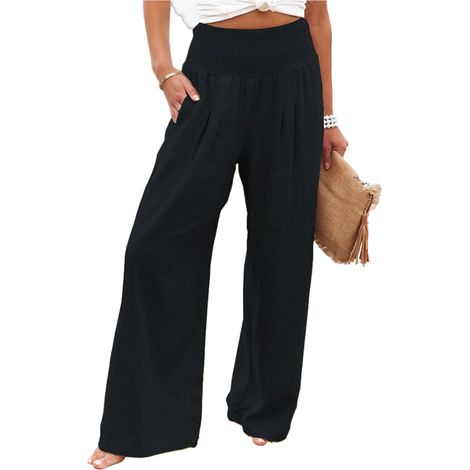 Pantalon Femme Lin Coton Taille Élastique Décontracté Large Yoga Été Plage Noir Taille L Avec Poches (1/4)