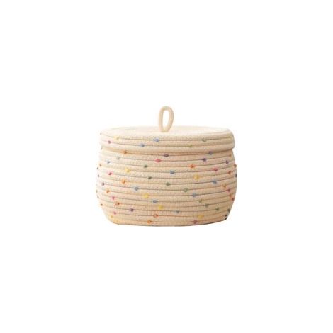 Cesto portaoggetti in corda di cotone intrecciata, decorato con pois rotondi colorati, di grande capacità con coperchio, ideale per riporre biancheria, asciugamani, giocattoli, uova, piccoli oggetti, (1/5)