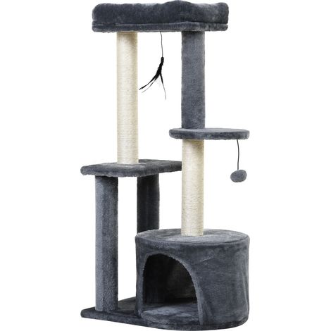 Arbre à chats griffoirs sisal naturel centre activités niche plateformes 2 jouets suspendus, gris (1/5)