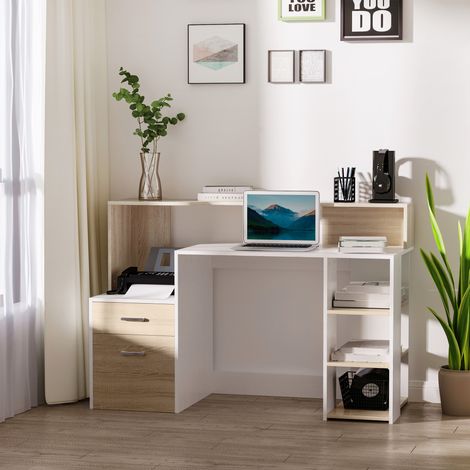 Scrivania per computer HOMCOM 137x55x92 cm con 3 ripiani, 2 cassetti e supporto per stampante per ufficio/studio, colore bianco e rovere.