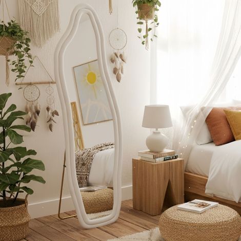Miroir Plein Pied 160x50 cm Design Asymétrique en Forme de Arc, Bord Velours, Support Inclus, Fixation Murale Possible - Blanc