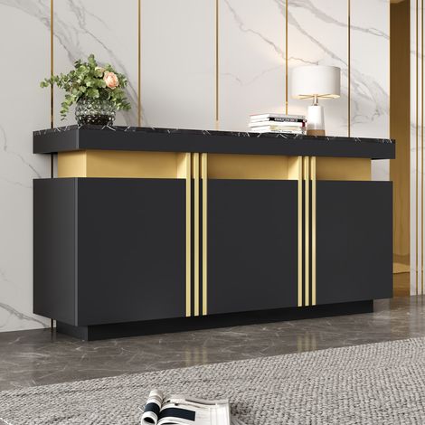 Aparador 140x38x70 cm color negro diseño de tres puertas con estantes regulables, adecuado para cocina, salón y comedor