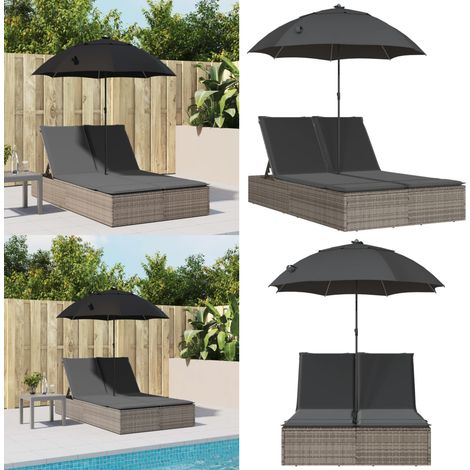 Chaise longue double et coussins et parasol gris résine tressée - Chaises Longues Doubles - Transats - Lit De Bronzage - Mobilier De Jardin - Chaises Extérieures - Home & Living (1/5)