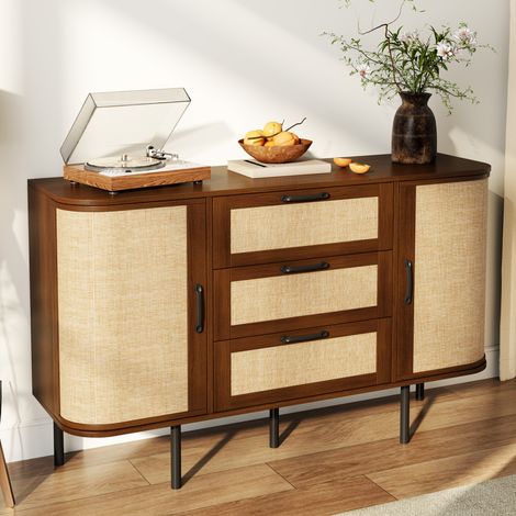 Credenza contenitore 120x40x82 cm con 2 ante e 3 cassetti, ripiani regolabili, per soggiorno, in MDF noce (1/5)