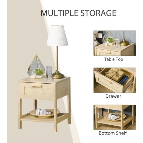 Table de chevet étroite avec éléments en rotin naturel, avec tiroir et étagère de rangement pour chambre à coucher (1/5)