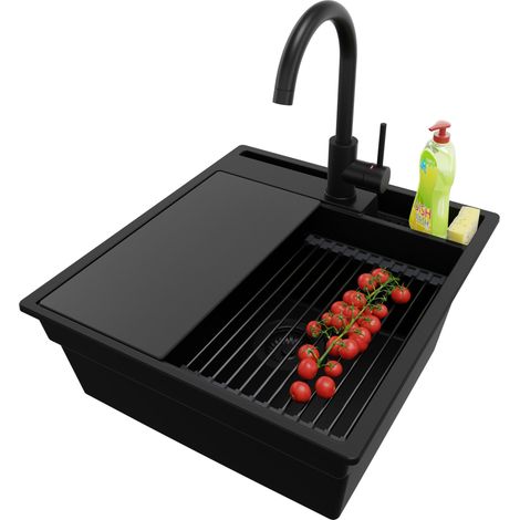 PRIMAGRAN Evier Cuisine en Granit 48x53cm, Lavabo 1 bac + Kit de Vidage + Accessoire, Évier à Encastrer au meuble 50cm - Oslo Pocket, Tout Noir (1/5)