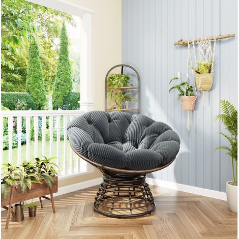 Fauteuil papasan rotatif 360° avec coussin épais, structure en acier et rotin PE, gris HAVRYA (1/5)