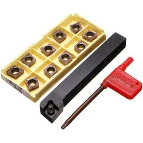 Accessoires pour tour à métaux, porte-outil de tournage 12x100mm, avec 10 plaquettes carbure CCMT09T304-PM et une barre. (1/4)