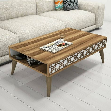 Dmora - Wohnzimmertisch Scheat, Niedriger Wohnzimmertisch, Kaffeeregal, Couchtisch für Sofa, 105x60h37 cm, Walnuss und Weiß, mit verstärkter Verpackung (1/4)