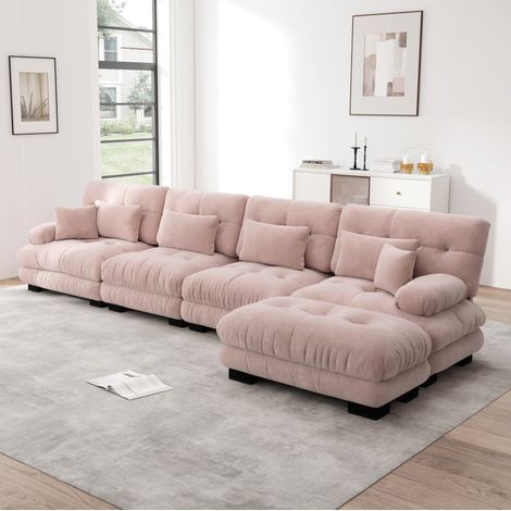 Sofá modular en L de chenilla rosa, 4 plazas, con puf móvil OKWISH (1/5)
