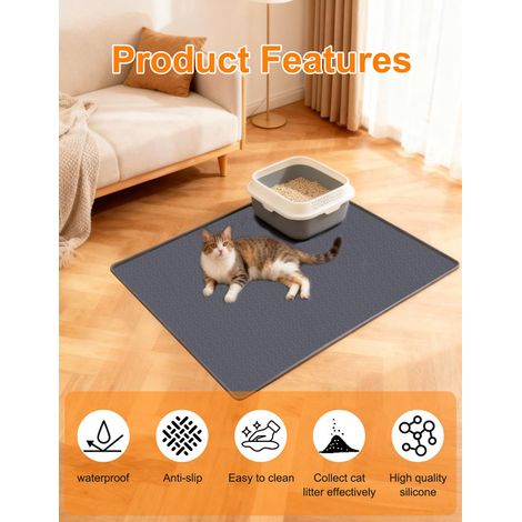 Tapis de litière pour chat en silicone imperméable et antidérapant tapis de gamelle lavable pour chiens et chats grand format 86x56 cm gris