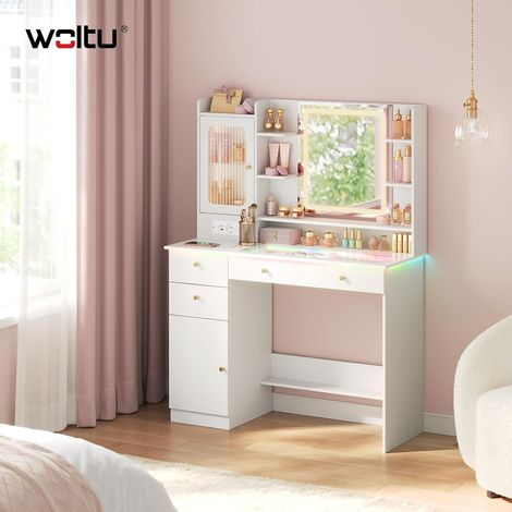 WOLTU Tavolino da Trucco Specchio con LED Mobiletto da Make-up con Illuminato 3 Cassetti, 2 Armadietti Portagioie e Stazione di Ricarica Toeletta da Camera da Letto Bianco (1/5)