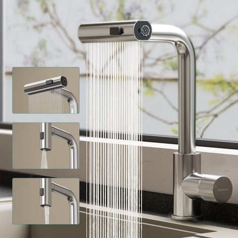 doporro Wasserfall Wasserhahn Küche Hochdruck mit 3 Strahlarten und Einhebel-Mischbatterie, ausziehbare Spültischarmatur aus 304 Edelstahl, 360° schwenkbar, rostfrei, Gebürstet silber,Turnix-02 (1/5)