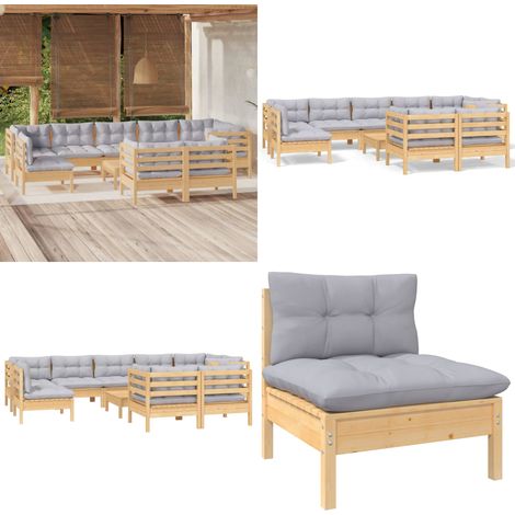 10-tlg. Garten-Lounge-Set mit Grauen Kissen Kiefer Massivholz - Gartengeräte - Gartenmöbel - Lounge Set - Kiefernholzmöbel - Outdoor Möbel - Home & Living (1/5)