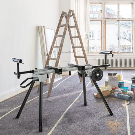 Soporte para sierra ingletadora (123.5-245x73x96 cm), plegable con ruedas y asa, ajustable, acero negro (1/5)