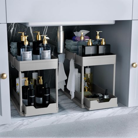Lot de 2 organiseurs sous évier – Paniers de salle de bain coulissants à 2 niveaux – Paniers polyvalents pour salle de bain (gris) (1/5)