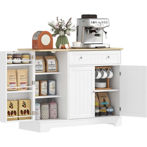 Buffet moderne avec espace de rangement, meuble de rangement avec tiroir, étagères réglables, petit garde-manger avec portes et étagères, blanc