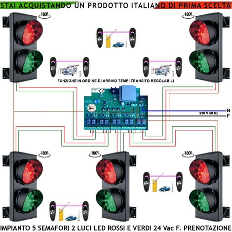 Semaforo Garage 5 Livelli Kit Semafori 2 Luci 24 Led Rossi e 24 Verdi 24 Vac IP65 Centrale Con Tempi di Percorrenza Regolabili da 0,5 a 3 Minuti Controllo Ordine di Arrivo Con 5 Coppie di Fotocellule (1/4)
