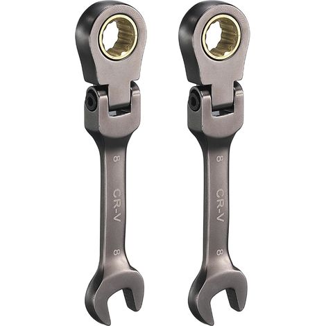 Lot de 2 clés mixtes à cliquet à tête flexible 8 mm métriques 72 dents CR V en acier nickelé pour fixations, écrous et boulons (1/5)