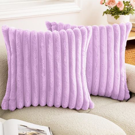 Lot de 2 Housses de Coussin en Peluche Douce 35x35cm, Housse Decorative a Rayures Moelleuses pour Canape et Chambre, Violet (Sans Rembourrage) (1/5)