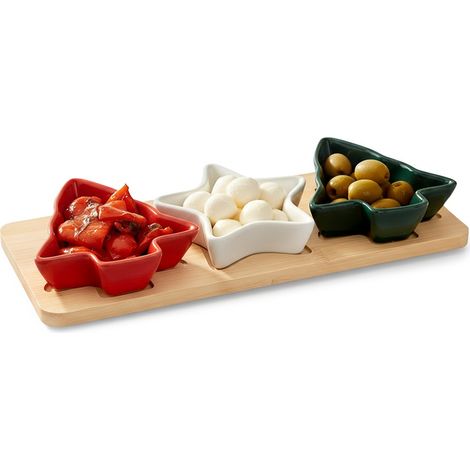 Porzellanschalen für Snacks, Dips und Saucen auf einem Bambustablett, 4er-Set