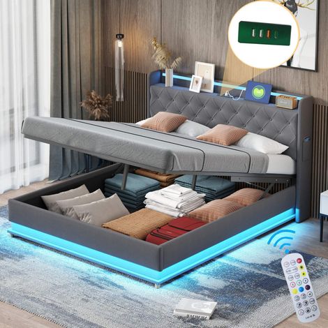 Lit capitonné 160x200 cm gris avec LED multicolore et port USB, lit coffre hydraulique avec sommier métal, revêtement lin, sans matelas (1/5)