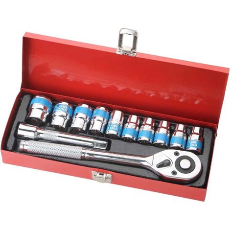 Jeu de 12 Clés à Cliquet Rapide avec Douilles 24 Dents 1/2" - Kit Outils Mécanique Auto dans Boîte Métallique (1/5)
