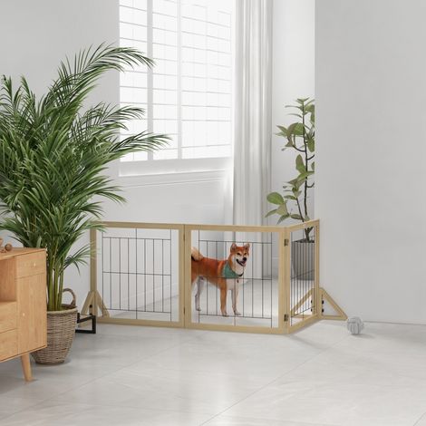 Faltbares Hundegitter mit 3 Paneelen und dreieckigen Füßen, 210 x 70 cm, Naturholz