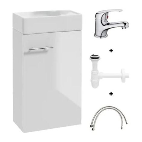 Badezimmerschrank mit einem 60x40 cm großen, weißen Hochglanzwaschbecken und einer kleinen, kompakten Chromarmatur