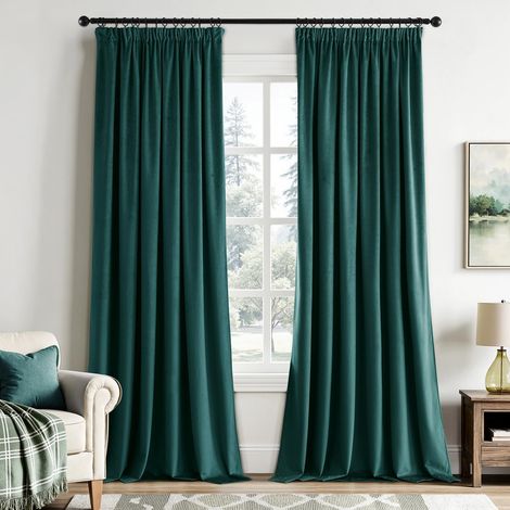 Dark Green Velvet Thermal Blackout Curtain Cord 2 x 140 x 245 cm Satin Soft Thick Sound Insulation Total Privacy Anti Cold Living Room Modern Bedroom Machine Washable (1/5)