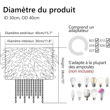 Feather Lampshade with Acrylic Drops, Soft Shade for Ceiling Lamp, Hanging Lamp, Chandelier, Decoration for Bedroom, Living Room or Hallway, Grey (1/5)