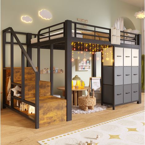 Lit mezzanine moderne 140x200 cm en métal et MDF noir, avec tiroirs, penderie, garde-corps et escalier de rangement (1/5)