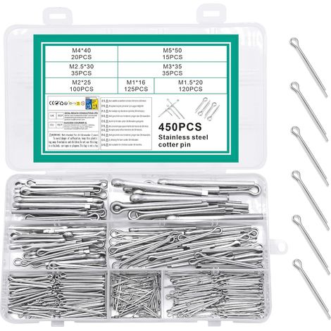 450 Pcs Goupille Fendue, Goupilles Fendues en Acier Inoxydable, Assortiment de Goupilles élastiques de Verrouillage pour réparation vélos tracteurs voitures mécaniques (1/5)