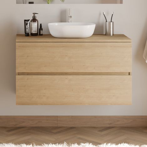 Meuble de salle de bain 90cm avec plateau et vasque à poser arrondie - 2 tiroirs - sans miroir - nebraska (chêne clair) - IDA (1/5)