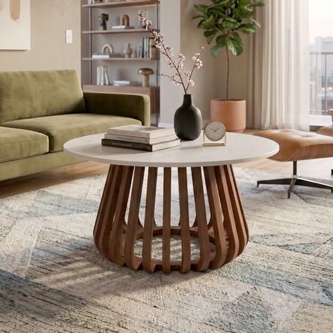 Table basse ronde 80x80x42cm en manguier brun et marbre - SEPKO (1/5)