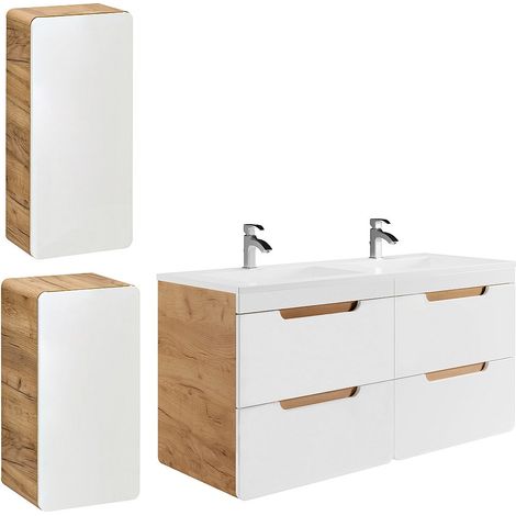 Mobile per bagno sospeso con lavabo da incasso e due colonne 120 cm Naturale e Bianco  - ARUBA