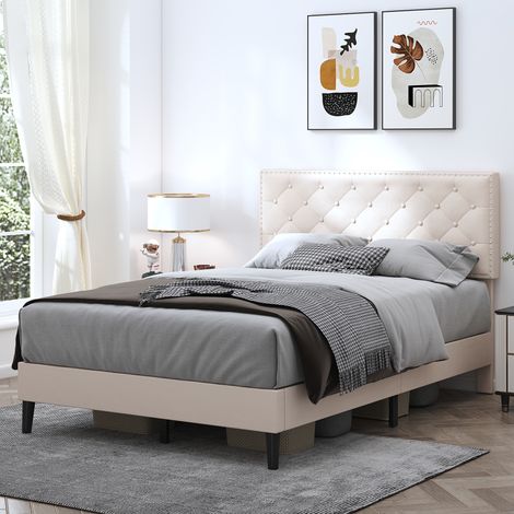 4ft6 Double Upholstered Velvet Bed Frame, with Adjustable Button-Tufted & Riveted Headboard, Velvet Bed Frame with Solid Wood Slat and Mute Foam, 135x190cm, Beige (1/5)