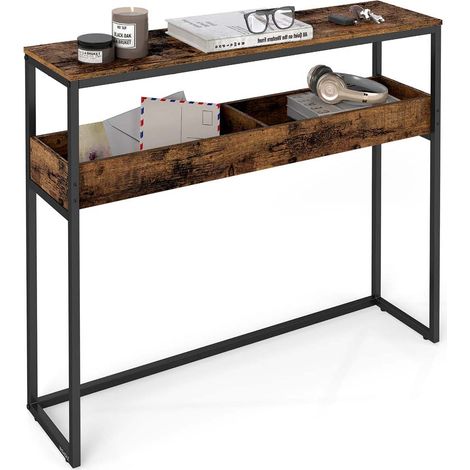 Mesa de entrada consola mesa auxiliar estrecha de 2 niveles con compartimentos semiabiertos 24 x 100 x 80 cm para entrada o salón marrón 120007998