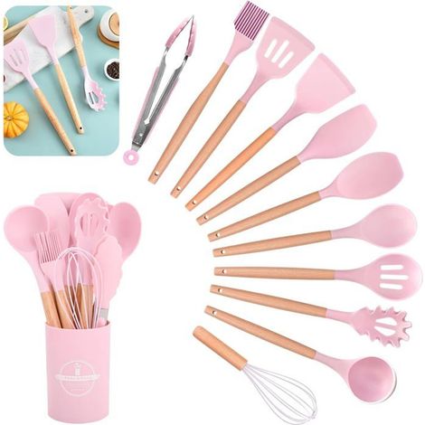 12 pièces, ustensiles cuisine silicone antiadhésif, résistant chaleur 210°C, rose, idéal pâtisserie et cuisson quotidienne (1/5)