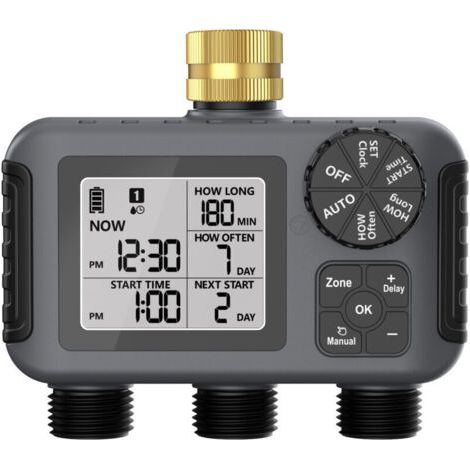 Minuterie d'arrosage programmable 3 voies – Alimentation 2 piles AA – Pression 0,05 à 0,8 Mpa – Retard de pluie pour jardin (1/5)